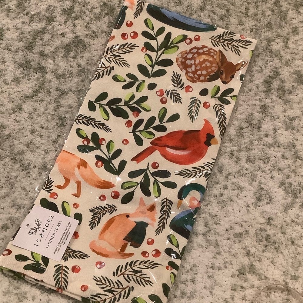1Canoe2 Colorful Winter Floral Holiday Forest  Animal Kitchen Towel NWT Cotton
